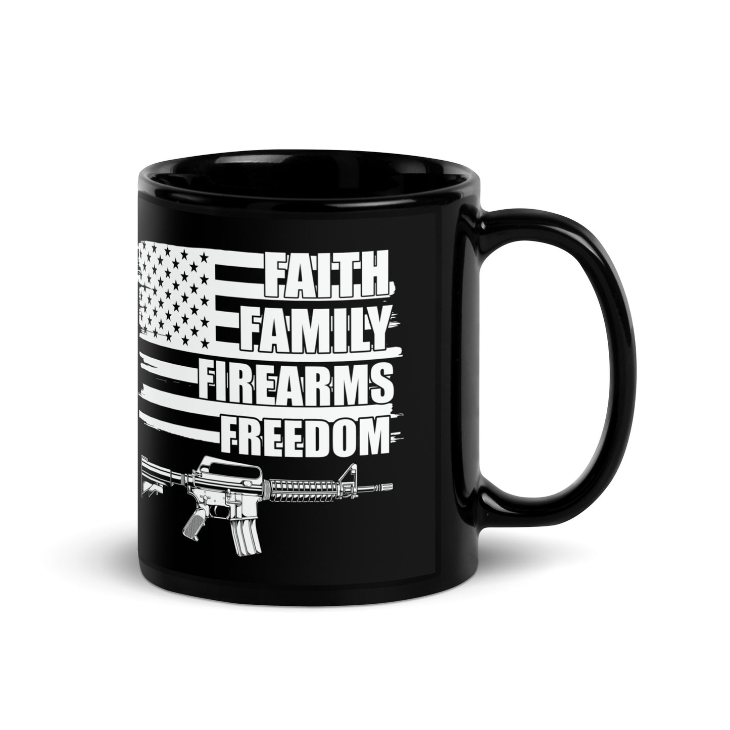 Ceramic Mug Black "Faith Family Firearms Freedom"