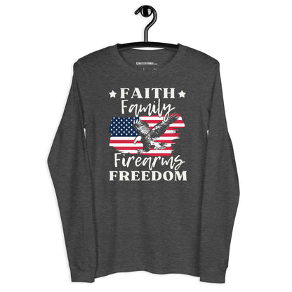 Patriotic Long Sleeve Tee Women "Faith Family Firearms Freedom" LS200006