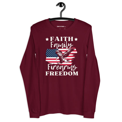 Patriotic Long Sleeve Tee Women "Faith Family Firearms Freedom" LS200006