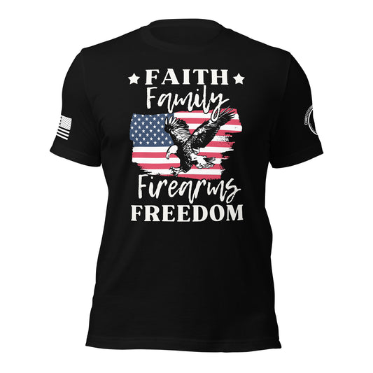 Unisex t-shirt "Faith Family Firearms Freedom"