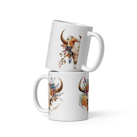 Patriotic Ceramic Mug White "Vintage Cow Skull with Flowers" M830016