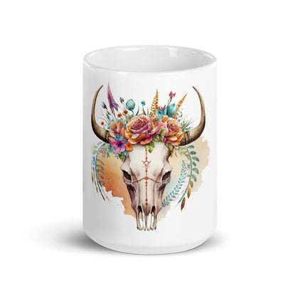 Patriotic Ceramic Mug White "Vintage Cow Skull with Flowers" M830016