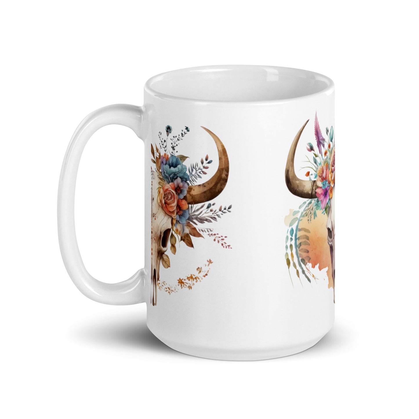 Patriotic Ceramic Mug White "Vintage Cow Skull with Flowers" M830016